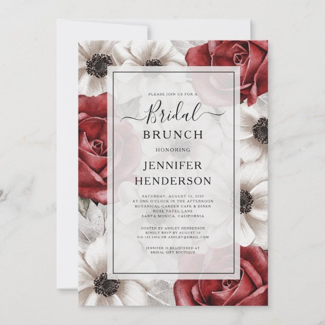 Burgundy Red Roses Anemone Floral Bridal Brunch Invitation (Front)