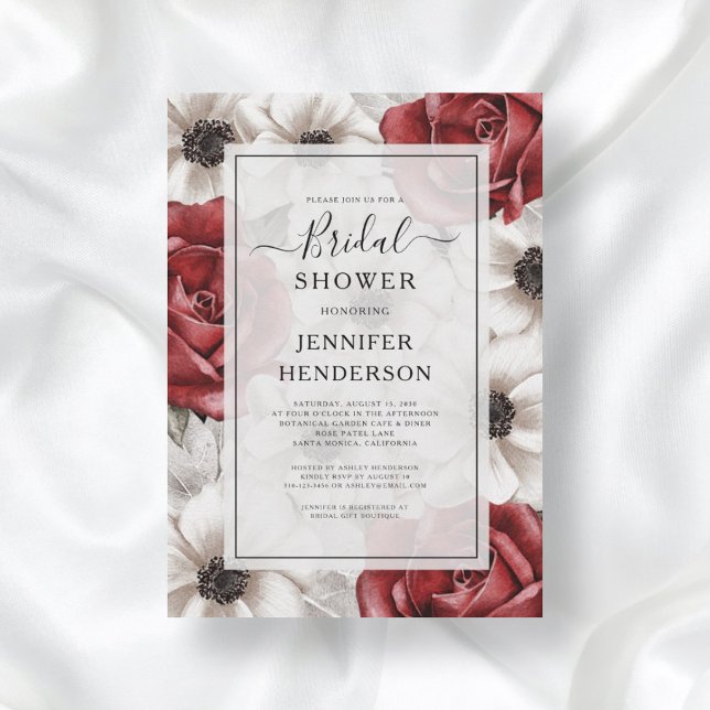 Burgundy Red Roses Anemone Floral Bridal Shower Invitation (Front Burgundy Red Roses Anemone Floral Bridal Shower Invitation)