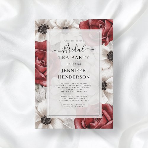 Burgundy Red Roses Anemone Floral Bridal Tea Party Invitation