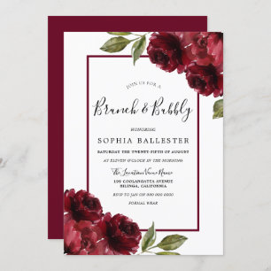 Burgundy Red Roses Bridal Shower Brunch & Bubbly Invitation