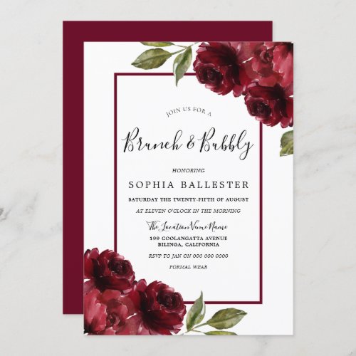Burgundy Red Roses Bridal Shower Brunch  Bubbly Invitation