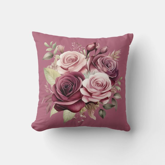 Burgundy Red Roses Classic Floral  Throw Pillow (Front)