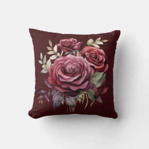 Burgundy Red Roses Classic Floral Throw Pillow