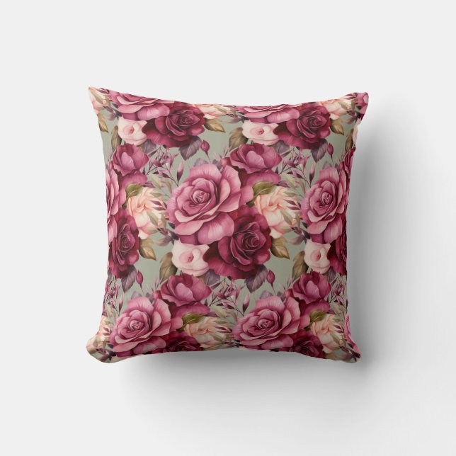 Burgundy Red Roses Classic Floral  Throw Pillow (Front)