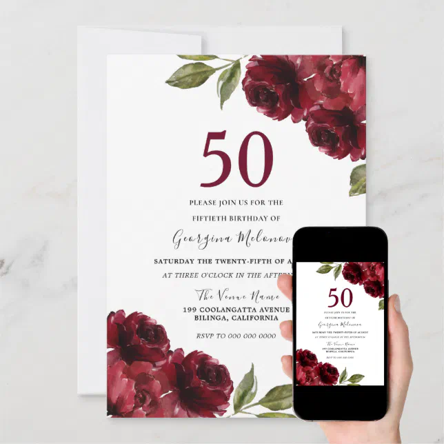 Burgundy Red Roses Elegant 50th Birthday Party Invitation | Zazzle