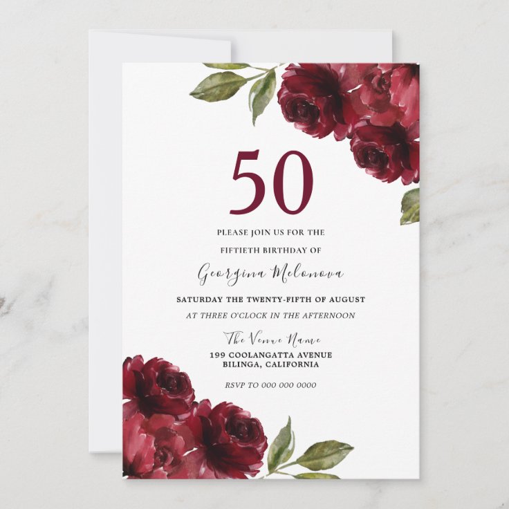 Burgundy Red Roses Elegant 50th Birthday Party Invitation | Zazzle