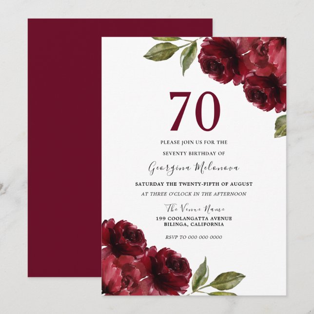 Burgundy Red Roses Elegant 70th Birthday Party Invitation (Front/Back)