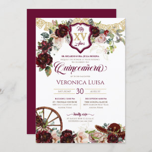 Burgundy Red Roses Elegant Charro Quinceanera Invi Invitation