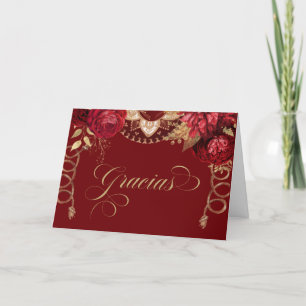 Burgundy Red Roses Elegant Charro Western Spanish Letterpress Thank You Card