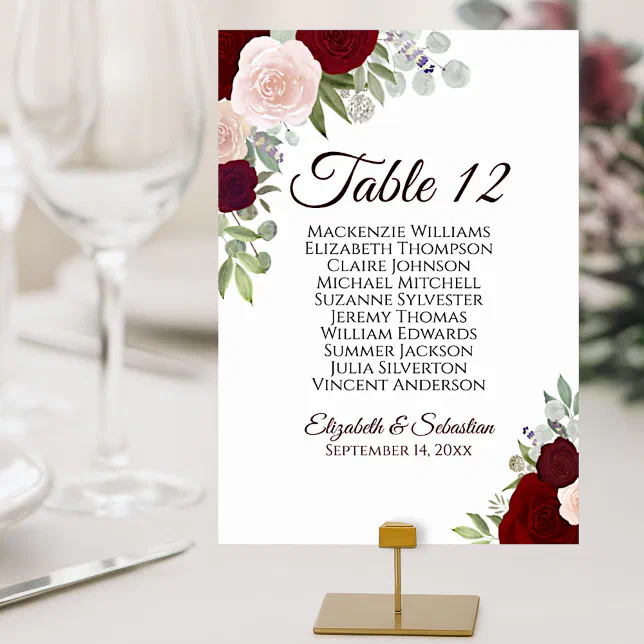 Red Roses Table Numbers Burgundy & Red Roses Elegant Wedding Seating Chart Table Number | Zazzle