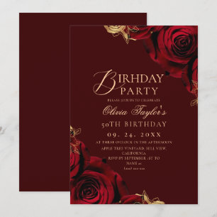  Burgundy Red Roses Floral 50th Birthday Party Invitation