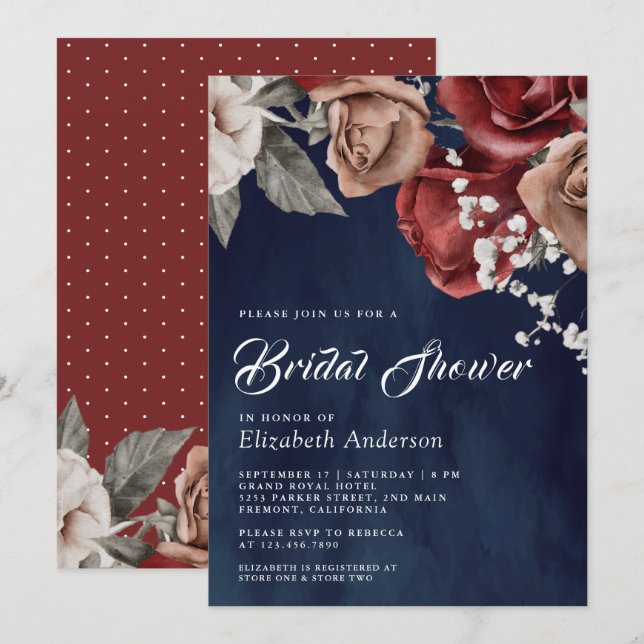 Burgundy Red Roses Floral Navy Blue Bridal Shower Invitation (Front/Back)