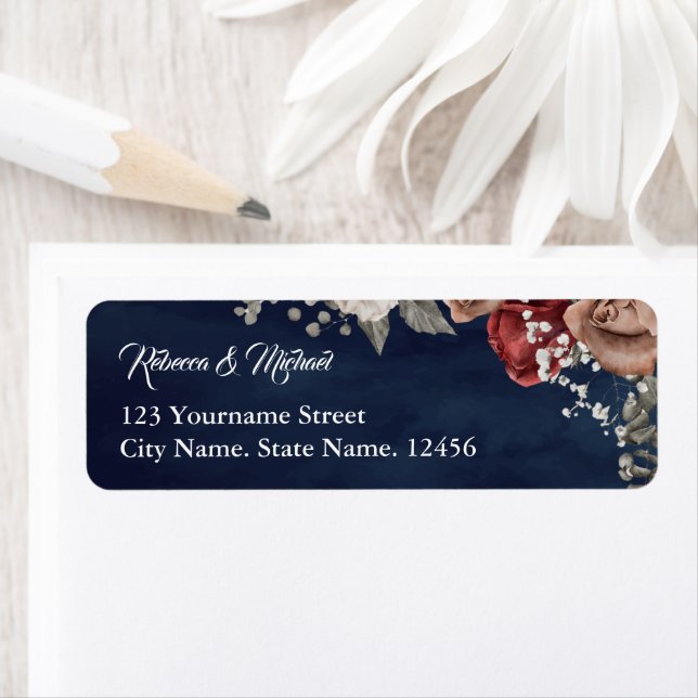 Burgundy Red Roses Floral Navy Blue Wedding Label (Insitu)