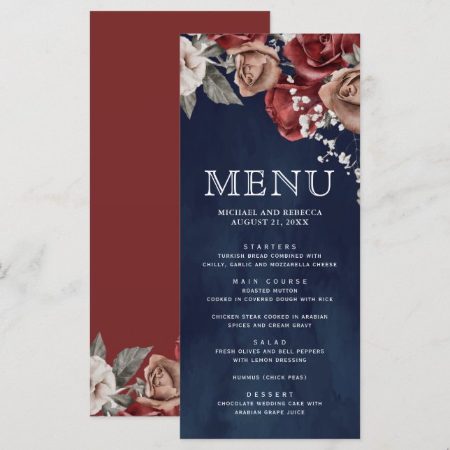 Burgundy Red Roses Floral Navy Blue Wedding Menu (Front/Back)