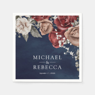 Burgundy Red Roses Floral Navy Blue Wedding Napkins