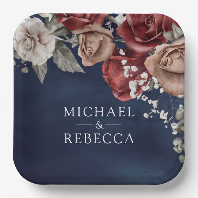 Burgundy Red Roses Floral Navy Blue Wedding Paper Plates (Front)