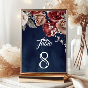 Burgundy Red Roses Floral Navy Blue Wedding Table Number