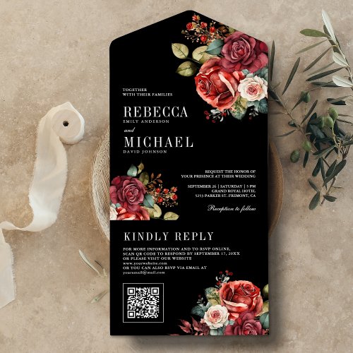 Burgundy Red Roses Floral QR Code Black Wedding All In One Invitation