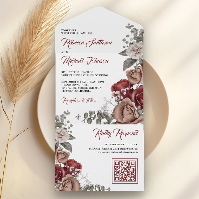 Burgundy Red Roses Floral QR Code Wedding All In One Invitation (Creator Uploaded)