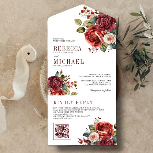 Burgundy Red Roses Floral QR Code Wedding All In One Invitation