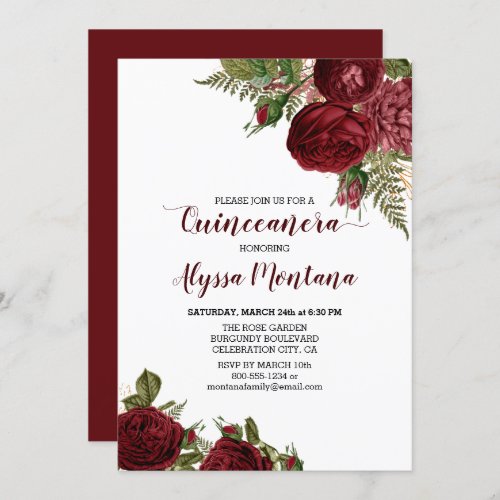 Burgundy Red Roses Floral Quinceanera Invitation