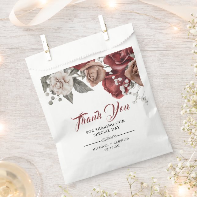 Burgundy Red Roses Floral Wedding Favor Bag (Clipped)