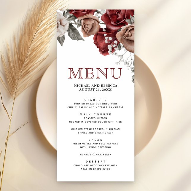 Burgundy Red Roses Floral Wedding Menu (Creator Uploaded)