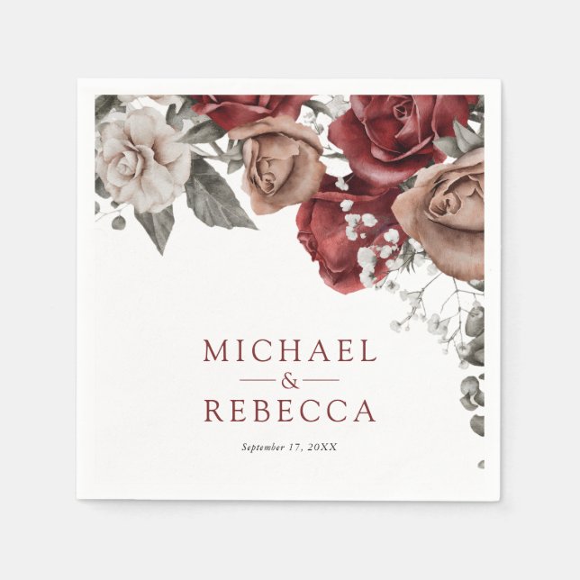 Burgundy Red Roses Floral Wedding Napkins (Front)