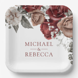 Burgundy Red Roses Floral Wedding Paper Plates