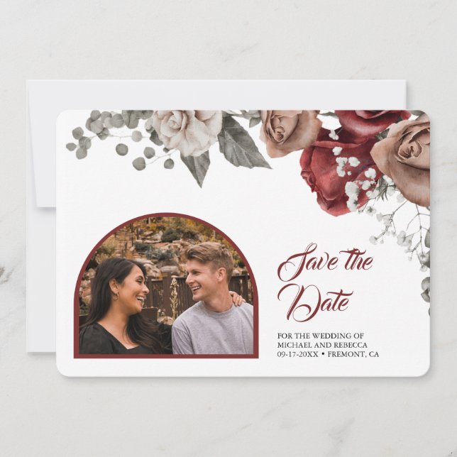 Burgundy Red Roses Floral Wedding Photo Save The Date (Front)