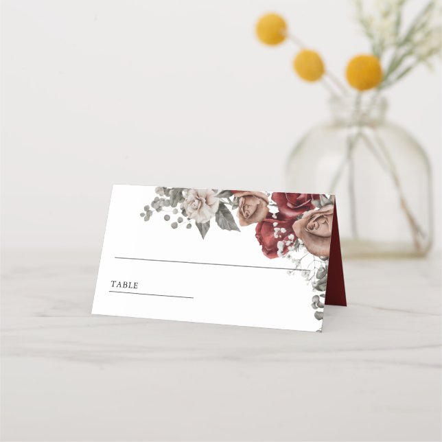 Burgundy Red Roses Floral Wedding Place Card (Front)