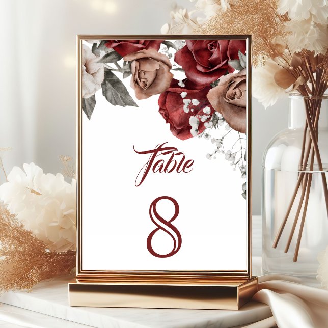 Burgundy Red Roses Floral Wedding Table Number (Creator Uploaded)
