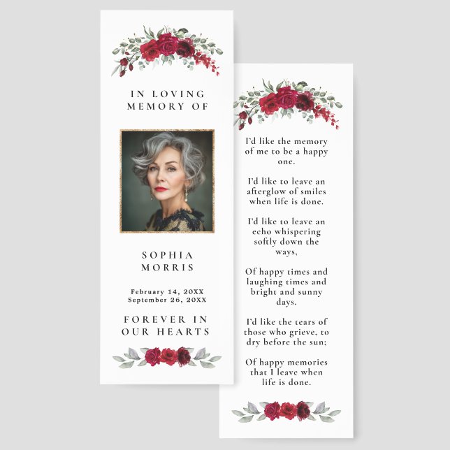 Burgundy Red Roses Funeral Book Mark (Front & Back)