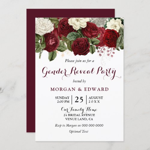 Burgundy Red Roses Gender Reveal Party Invite