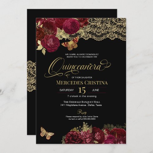 Burgundy Red Roses Gold Lace Butterfly Quinceaera Invitation