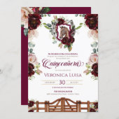 Burgundy Red Roses Horse Crest Rustic Quinceanera  Invitation (Front/Back)