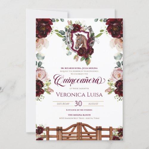 Burgundy Red Roses Horse Crest Rustic Quinceanera  Invitation