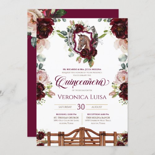 Burgundy Red Roses Horse Crest Rustic Quinceanera  Invitation