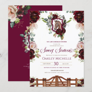 Burgundy Red Roses Horse Crest Sweet 16 Birthday Invitation