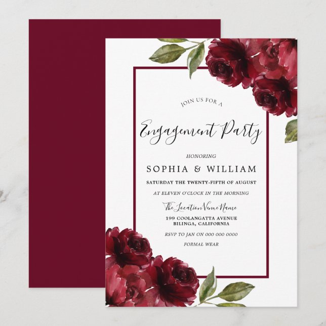 Burgundy Red Roses Modern Engagement Party Invitation (Front/Back)