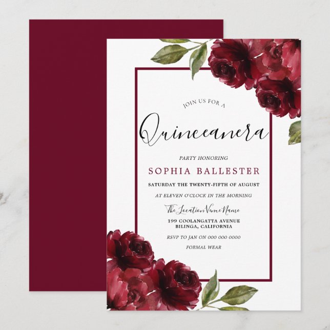 Burgundy Red Roses Modern Quinceanera Party Invitation (Front/Back)