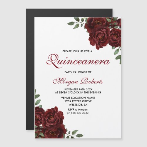 Burgundy Red Roses Modern Quinceanera Party Magnetic Invitation