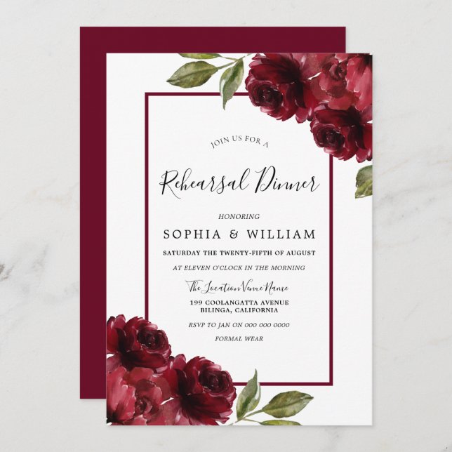 Burgundy Red Roses Modern Rehearsal Dinner Invitation (Front/Back)