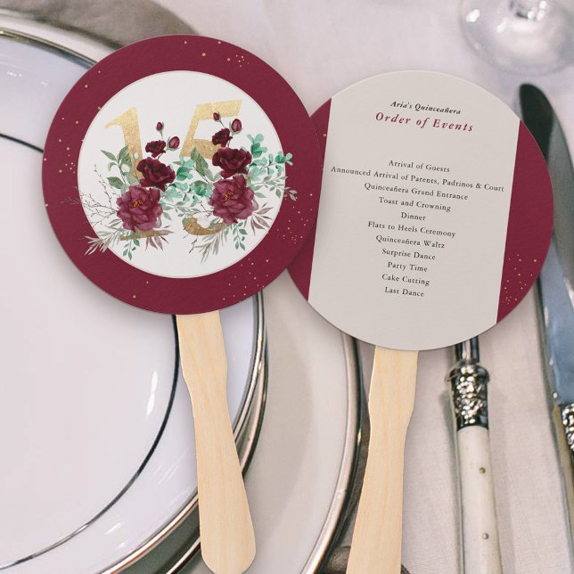 Burgundy Red Roses Quinceanera Order of Events Hand Fan (Quinceanera Program Hand Fans with Order of Events and Gold number 15 and floral arrangement)