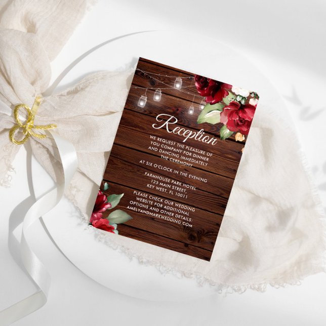 Burgundy Red Roses Rustic Wood Reception Enclosure Card (Creator Uploaded)