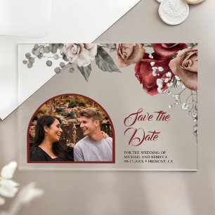 Burgundy Red Roses Wedding Photo Save the Date