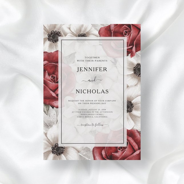 Burgundy Red Roses White Anemone Floral Wedding Invitation (Creator Uploaded)