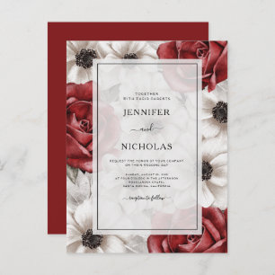 Burgundy Red Roses White Anemone Floral Wedding Invitation Postcard