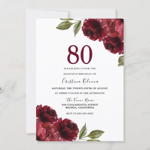 Burgundy Red Roses Womans 80th Birthday Party Invitation