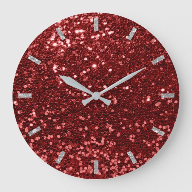 Burgundy Red Ruby Sparkly Bean Glitter Gray Glam Large Clock (Front)